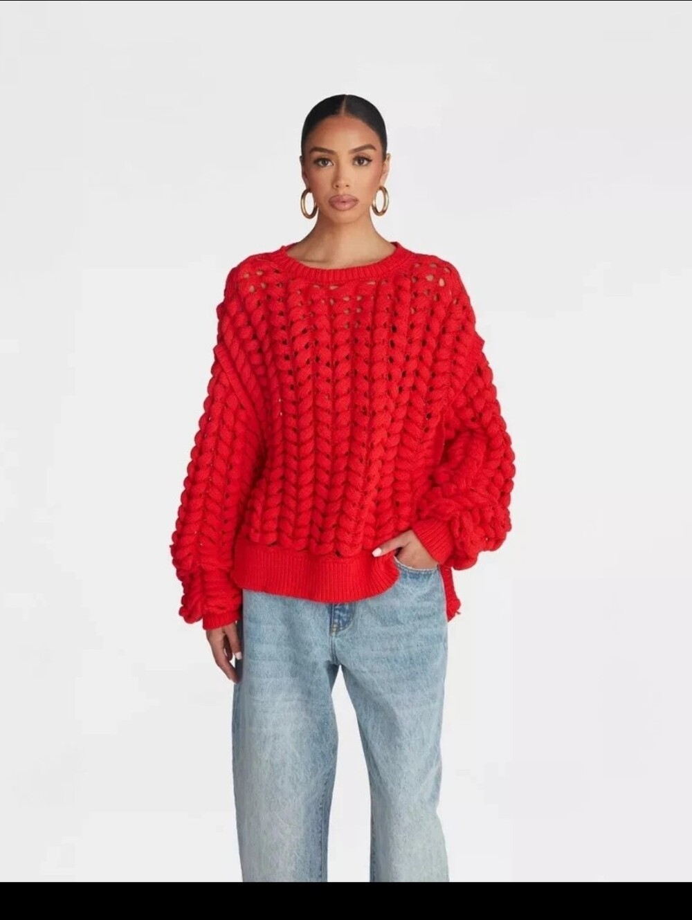 KBB by KAHLANA Women Pullover Sweater 'The Chunky Knit Crew' - Red Size S
